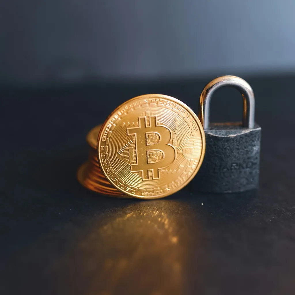 Pièce bitcoin posée sur un cadenas, symbole de sécurité des portefeuilles crypto