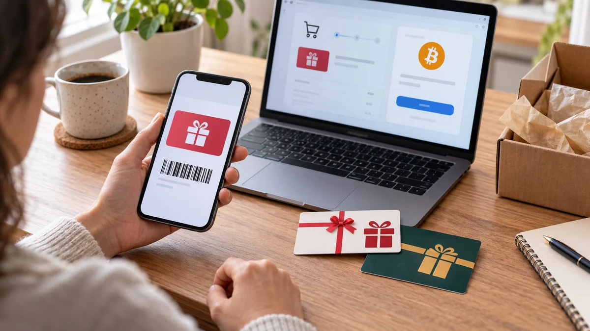 Cartes cadeaux et smartphone illustrant un achat de bons d’achat en cryptomonnaie