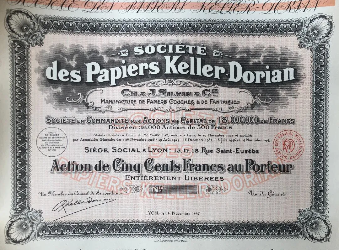 Ancien certificat d’action au porteur de la Société des Papiers Keller-Dorian, Lyon, 1947