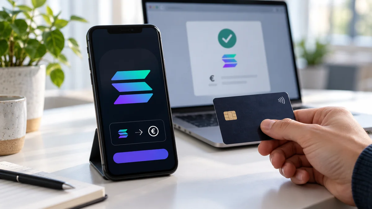 Achat de Solana sur smartphone avec le symbole SOL et une carte de paiement