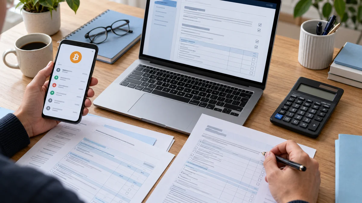 Préparation d’une déclaration fiscale crypto avec ordinateur, documents et calculatrice