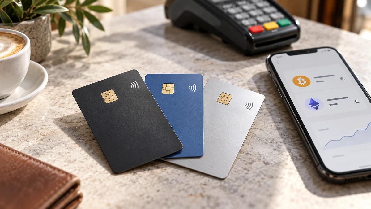 Comparaison de cartes de paiement crypto reliées à un portefeuille sur smartphone