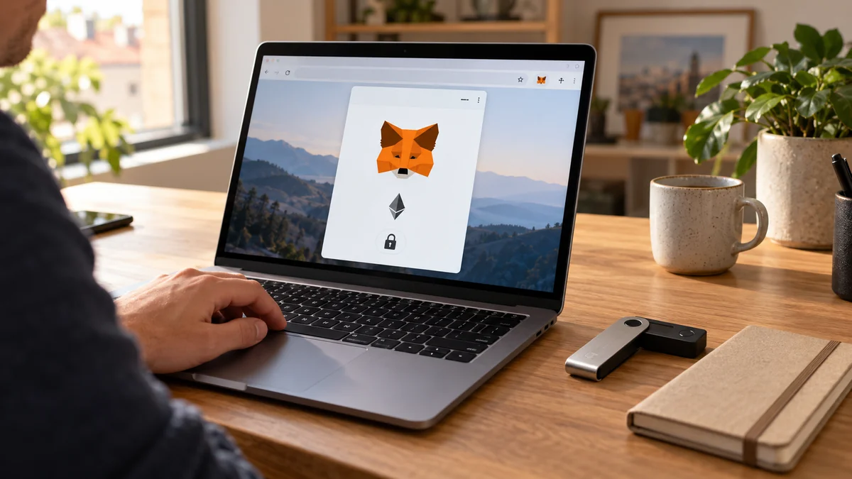 Wallet MetaMask sur ordinateur et portefeuille matériel pour sécuriser ses cryptos