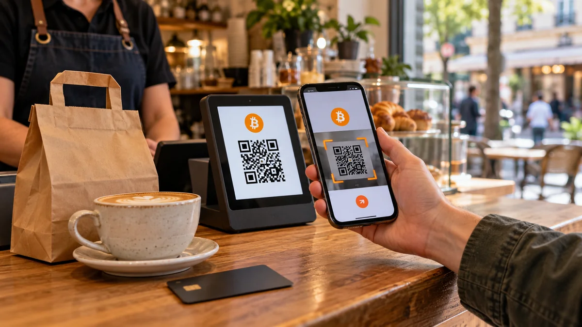 Paiement en Bitcoin avec un smartphone scannant un QR code au comptoir d’un café