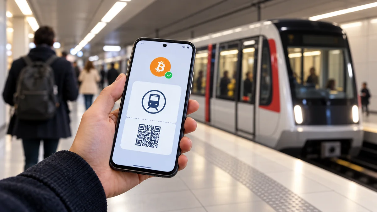 Voyageur tenant un smartphone avec un billet de métro acheté en crypto à Toulouse